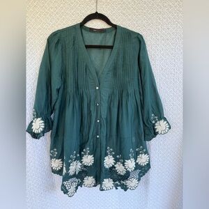 BCBG MaxAzria Green Pleated 3/4 Sleeve Blouse